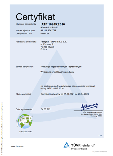 Turas certyfikat IATF okładka quality
