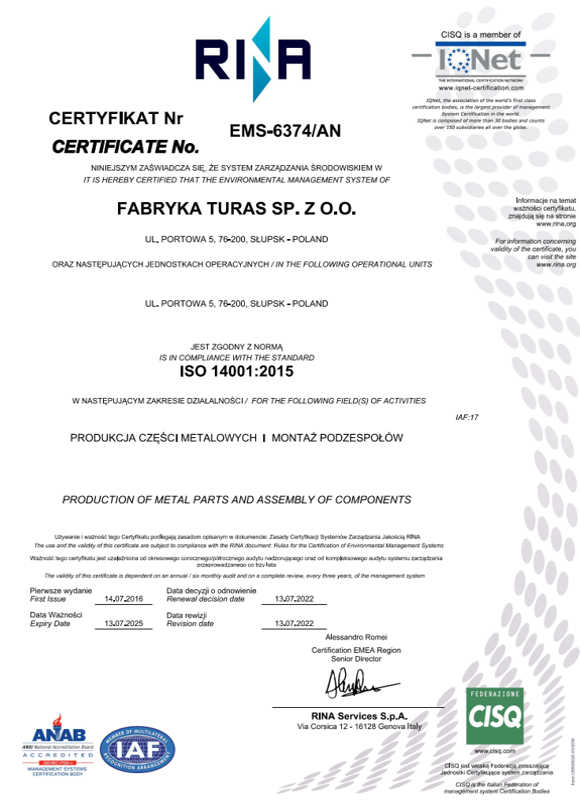 Turas certyfikat ISO 14001 quality
