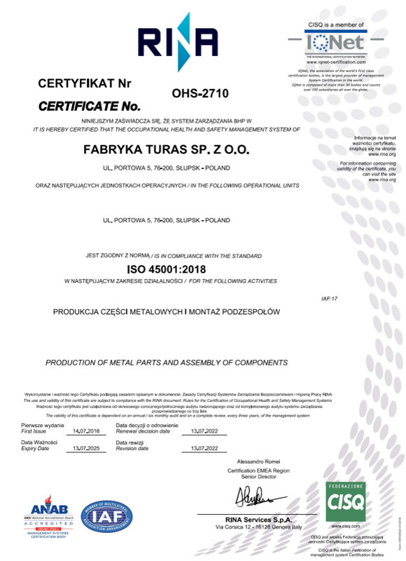 Turas certyfikat ISO 45001 quality
