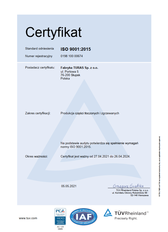 Turas certyfikat ISO 9001 quality